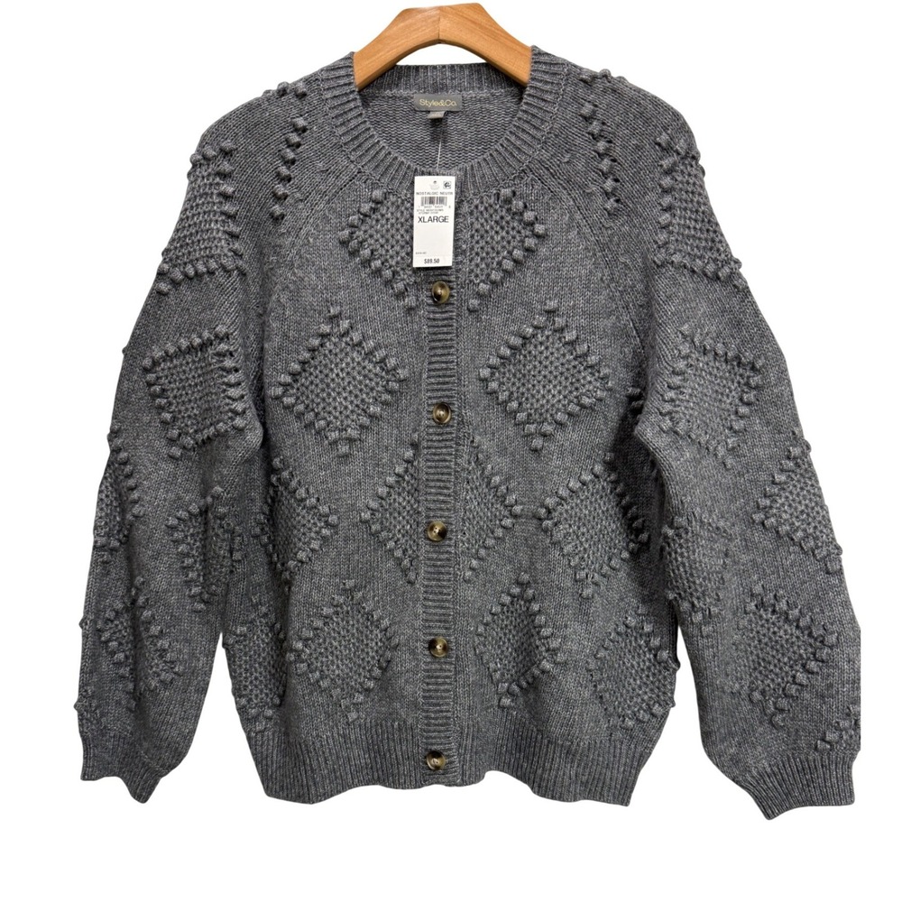 Style & Co NEW Cardigan Grey Diamond Bobble Knit Cotton Blend Office Neutral XL